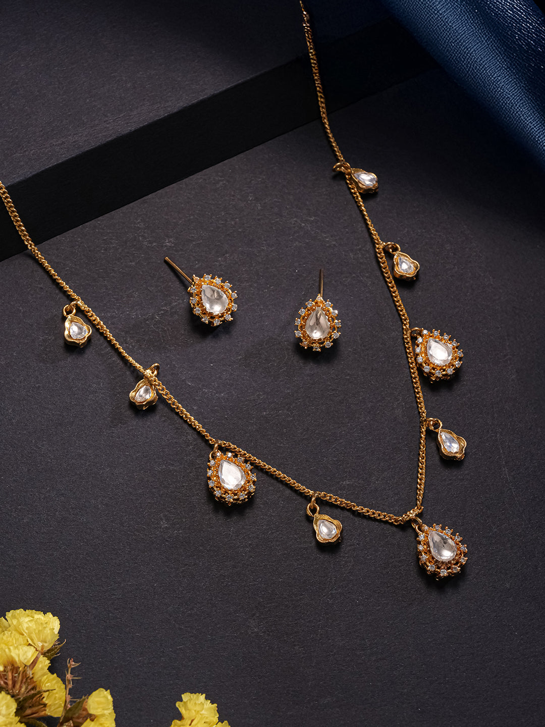 Gold Plated Kundan Polki Studded Tear Drop Delicate Chain Jewellery Set